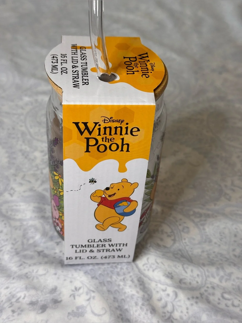 Disney Winnie the Pooh & Piglet Glass Tumbler with glass straw & bamboo lid